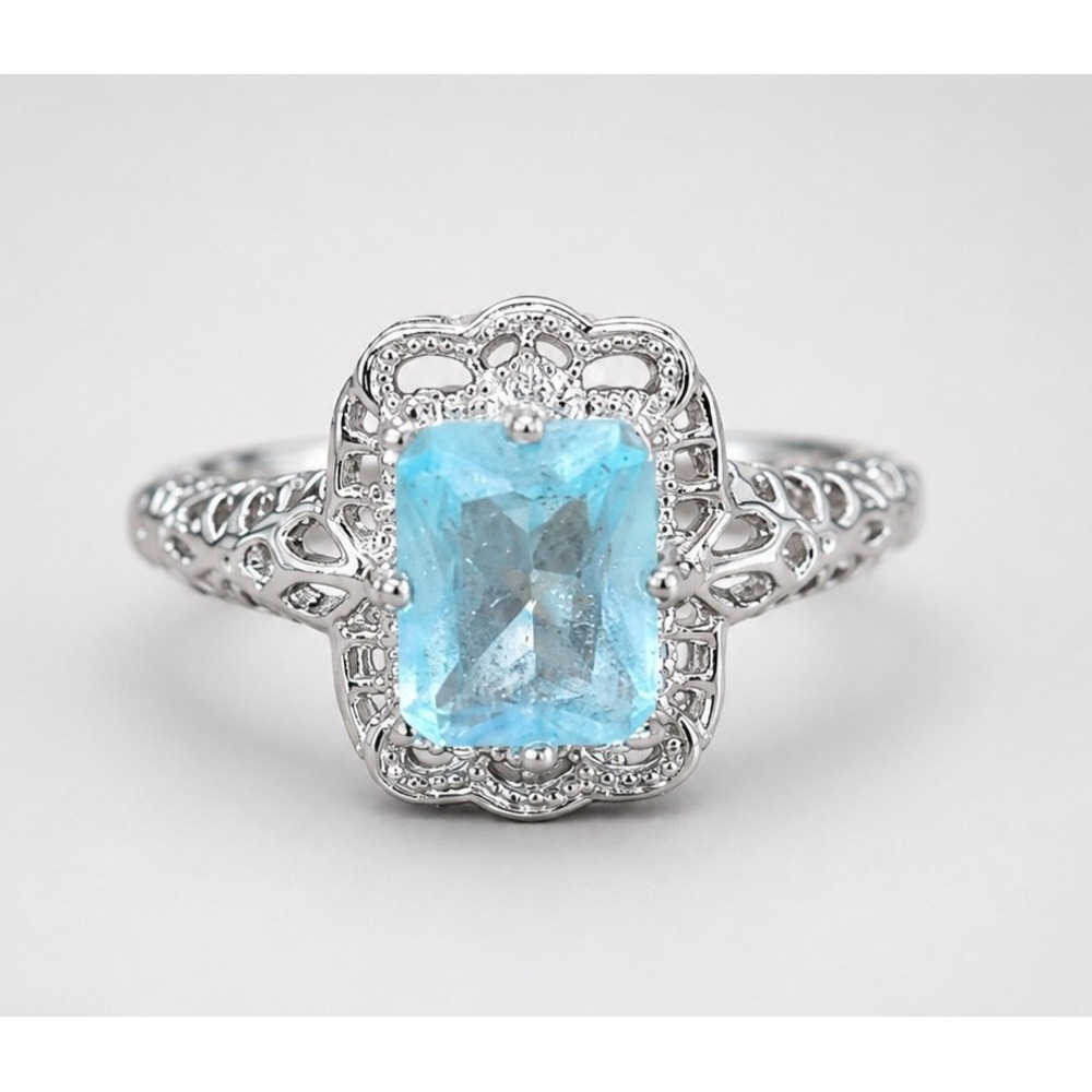 Vintage Aqua Blue Ring Ornate Square Rhinestone Sterling Silver 925 Size 10 TN52